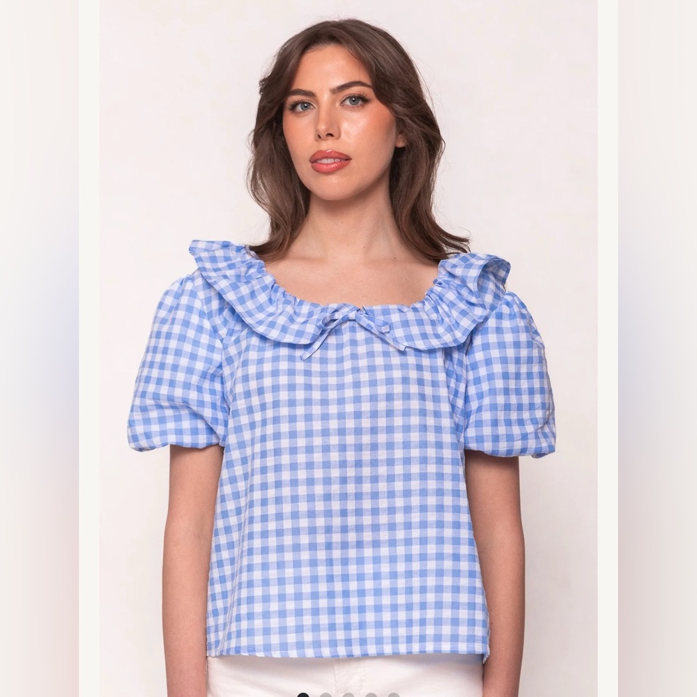 Ivy City Co Light Blue and White Gingham Ruffle Collar Puff Sleeve Top